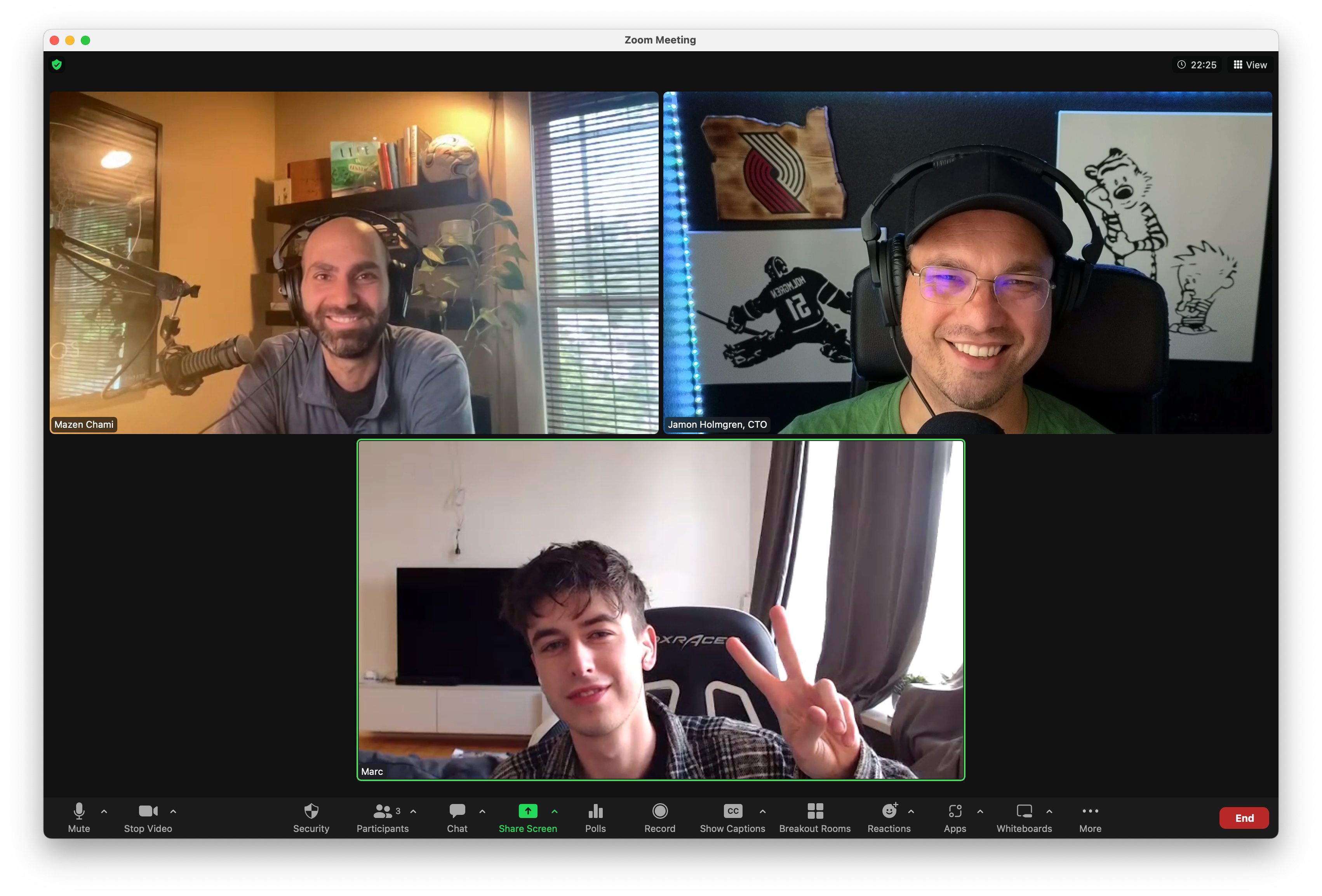A screenshot of me, Jamon and Mazen recording the podcast.